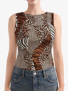 S.G. Sport Collection Animal Print Sleeveless Top Large Leopard Zebra Mixed
